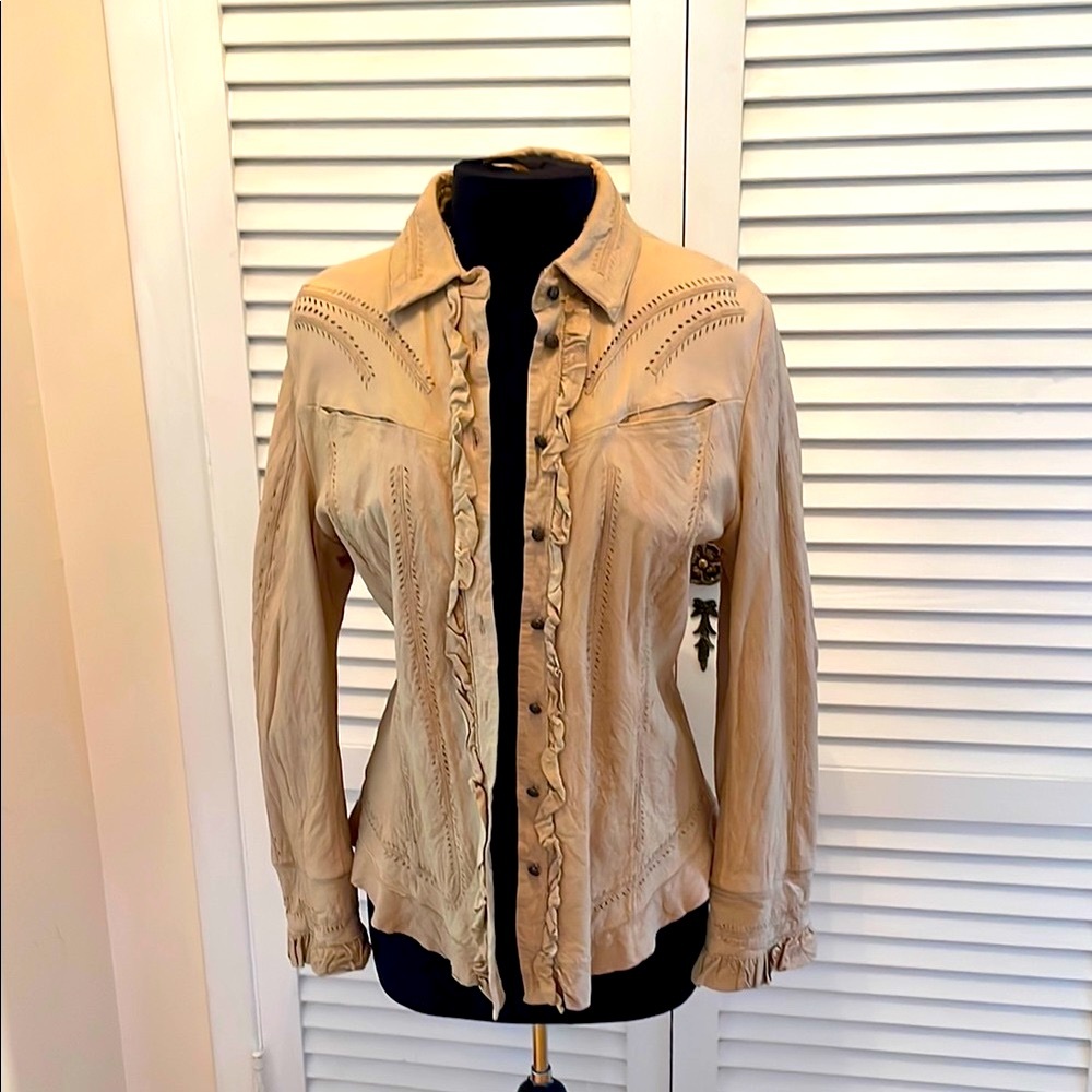 Elie Tahari Genuine soft  leather Tan Ruffled Button-Up jacket  /shirt L